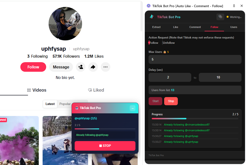Bulk Follow Unfollow TikTok screenshot