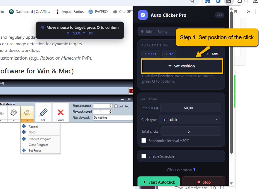 Auto Clicker Pro popup interface